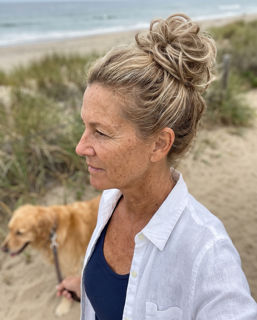 Woman wearing the JuvaBun Messy Bun in Beach Blonde walking her dog by the beach