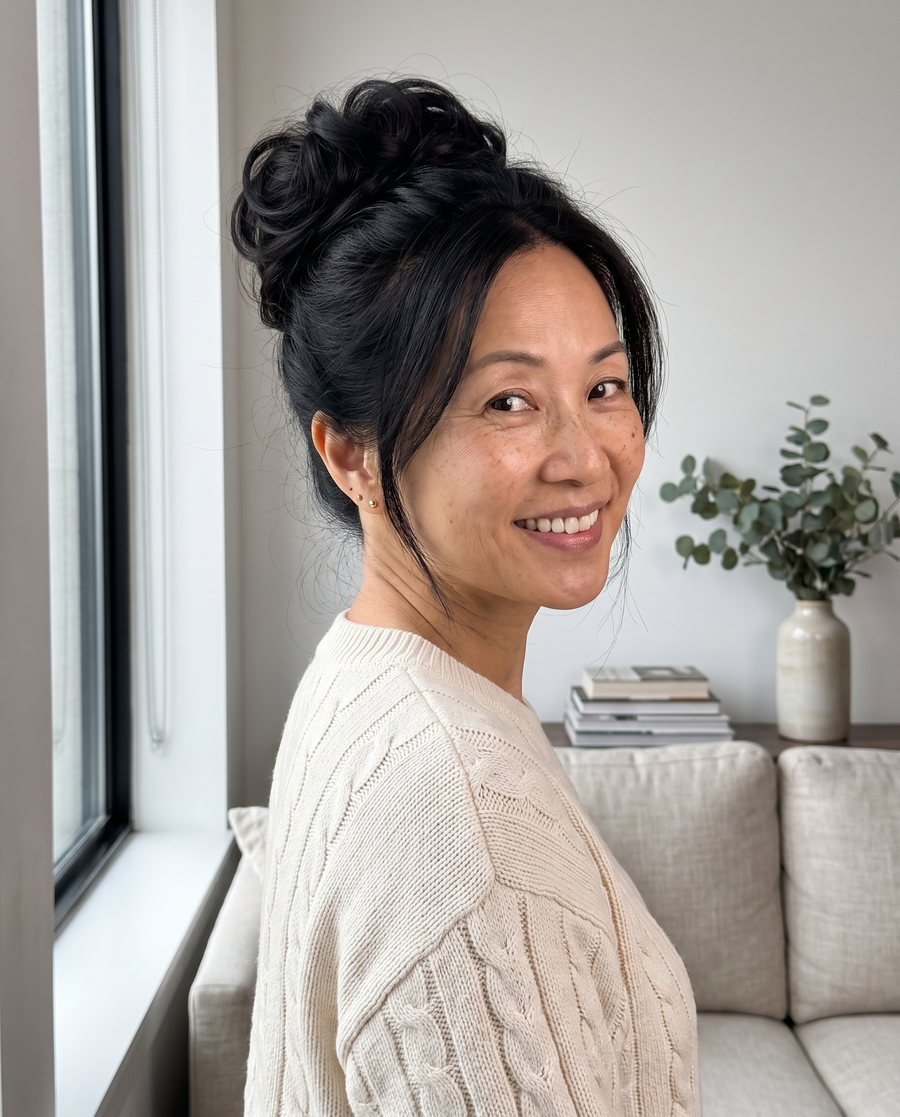 JuvaBun Messy Bun in Black on a woman with soft black hair, front view