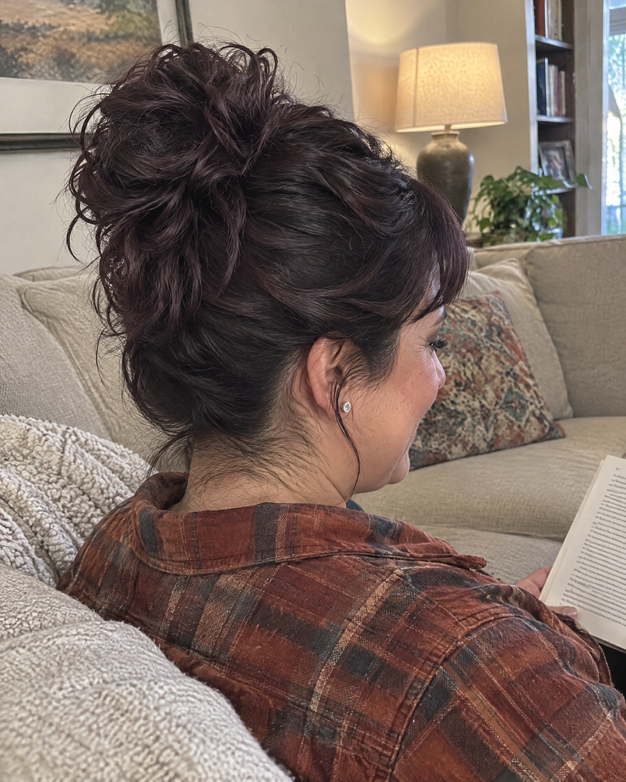 Woman wearing the JuvaBun Messy Bun in Black Cherry in her living room