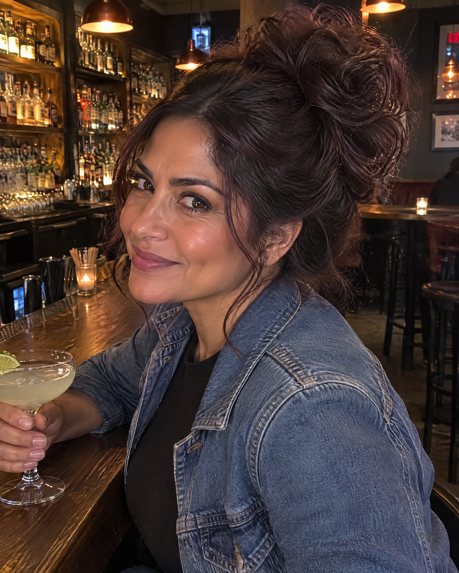 Woman wearing the JuvaBun Messy Bun in Black Cherry at a bar