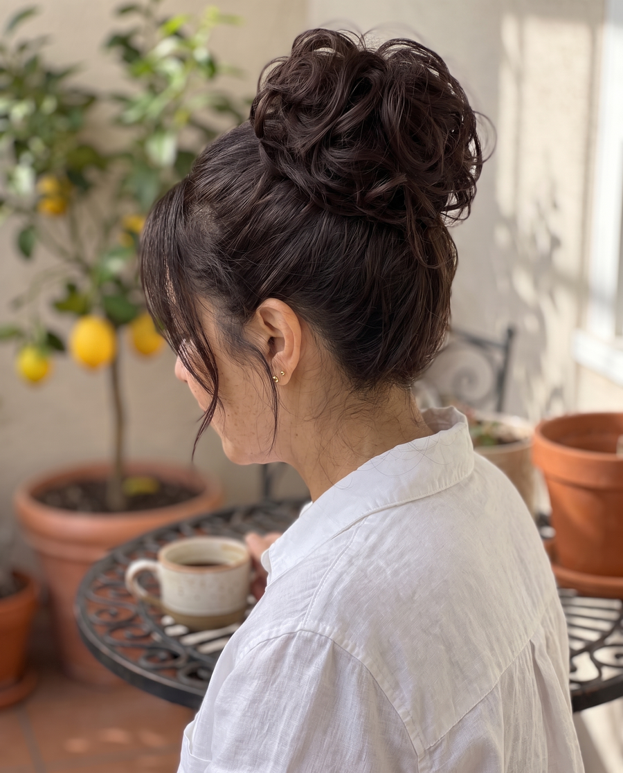 JuvaBun Messy Bun in Dark Brown on a woman with dark brown hair, back and side view