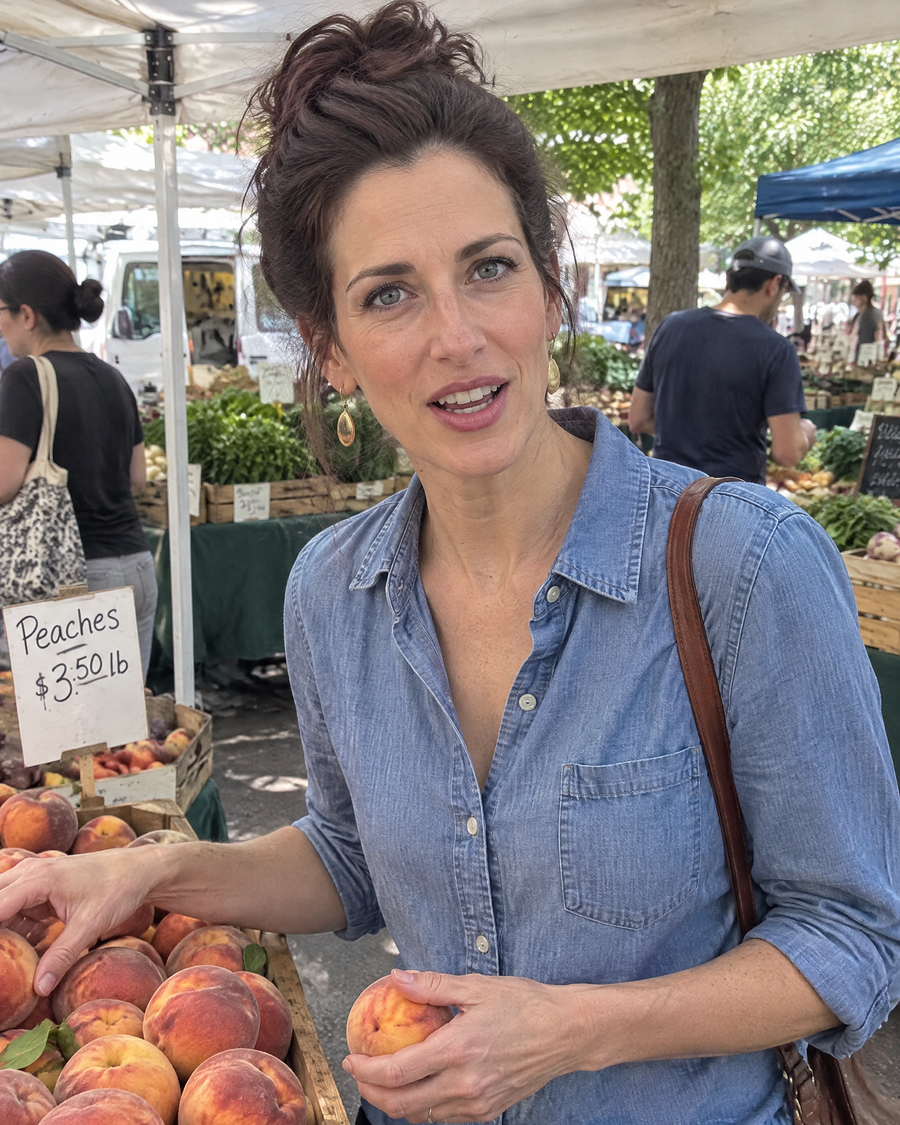 Woman wearing the JuvaBun Messy Bun in Dark Brown at the farmers market