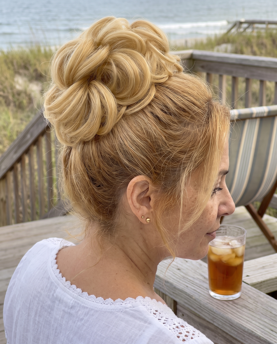 JuvaBun Messy Bun in Gold on a woman with golden blonde hair, back and side view
