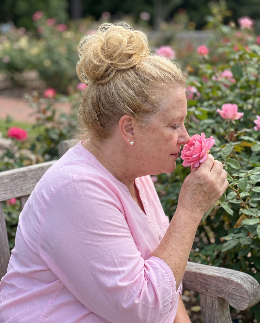 Woman wearing the JuvaBun Messy Bun in Gold in a rose garden