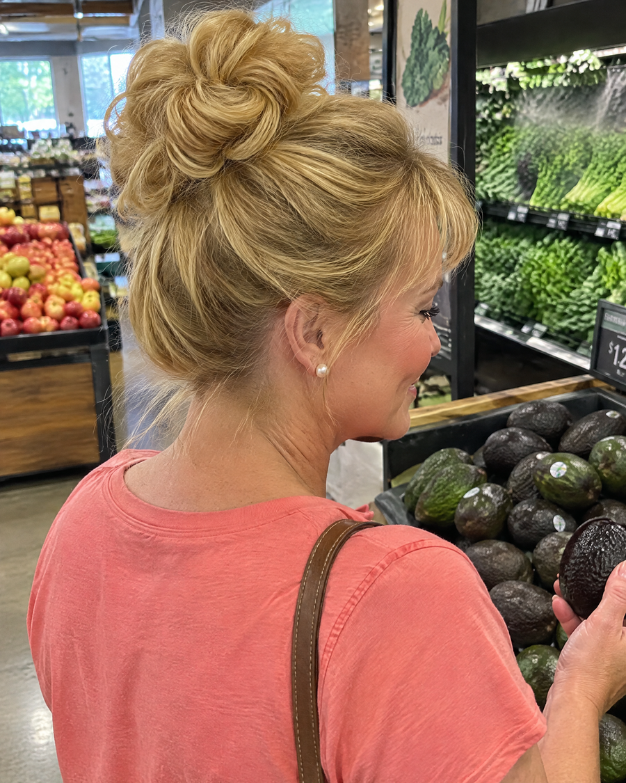 Woman wearing the JuvaBun Messy Bun in Gold at the grocery store