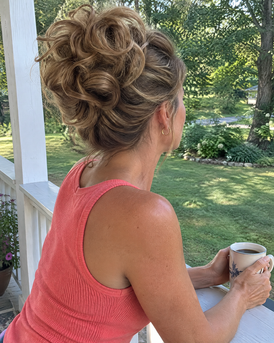 Woman wearing the JuvaBun Messy Bun in Light Brown on her porch