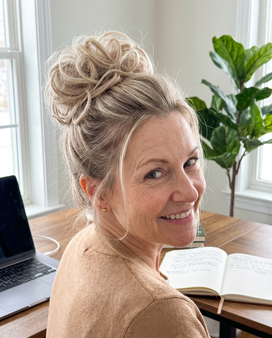 JuvaBun Messy Bun in Light Brownish Blonde on a woman with beige blonde hair, front view