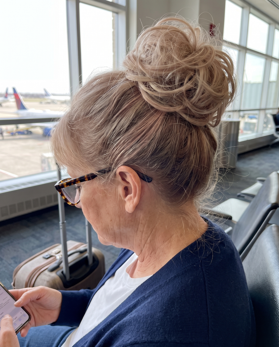 Woman wearing the JuvaBun Messy Bun in Light Brownish Blonde at the airport