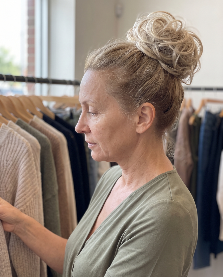Woman wearing the JuvaBun Messy Bun in Light Brownish Blonde in a clothing boutique