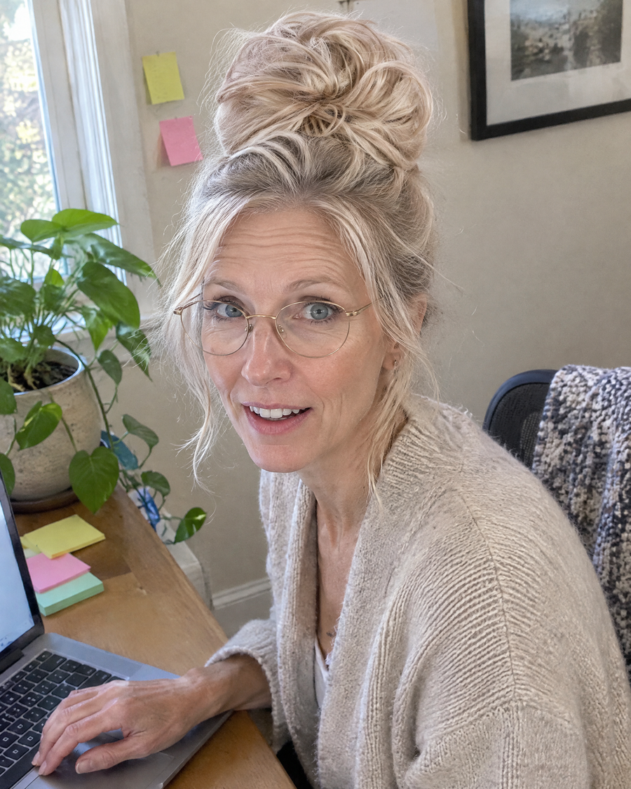 Woman wearing the JuvaBun Messy Bun in Light Brownish Blonde in her home office