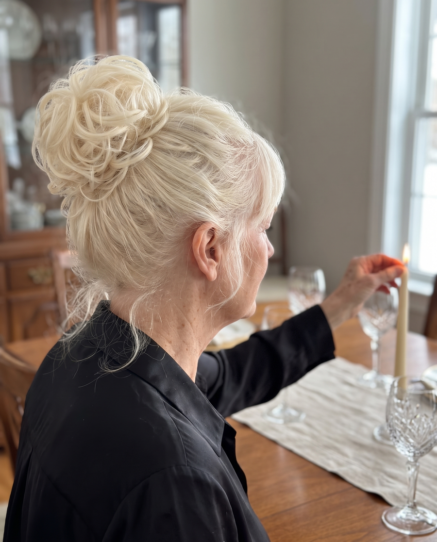 Woman wearing the JuvaBun Messy Bun in Platinum Blonde setting her dining table
