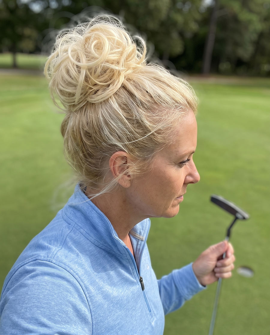 Woman wearing the JuvaBun Messy Bun in Pure Blonde on a golf course