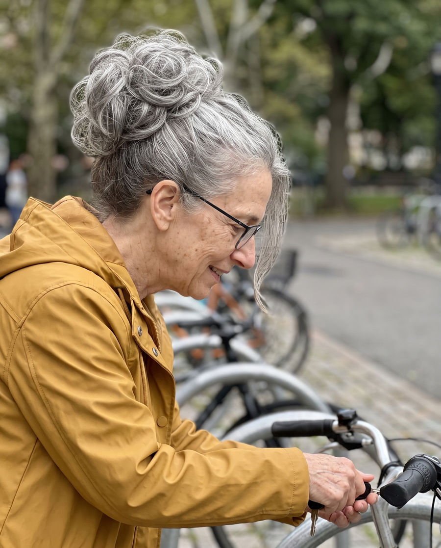 Woman wearing the JuvaBun Messy Bun in Salt And Pepper at a park bike rack