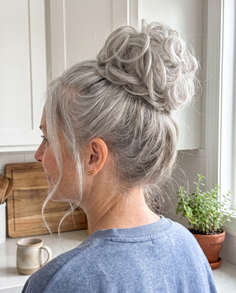 JuvaBun Messy Bun in Silver Gray on a woman with silver gray hair, close-up of the bun