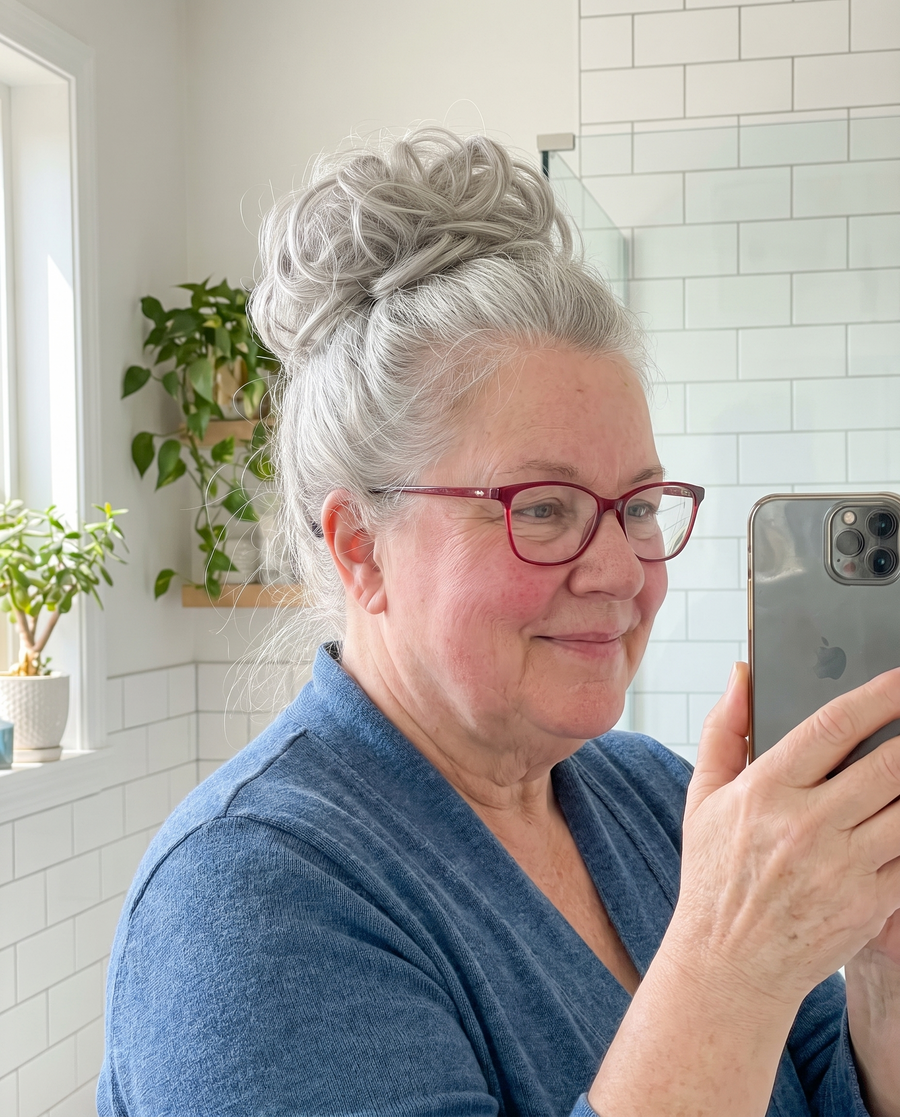 Woman wearing the JuvaBun Messy Bun in Silver Gray taking a mirror selfie at home