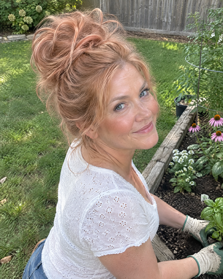 Woman wearing the JuvaBun Messy Bun in Soft Auburn in her garden