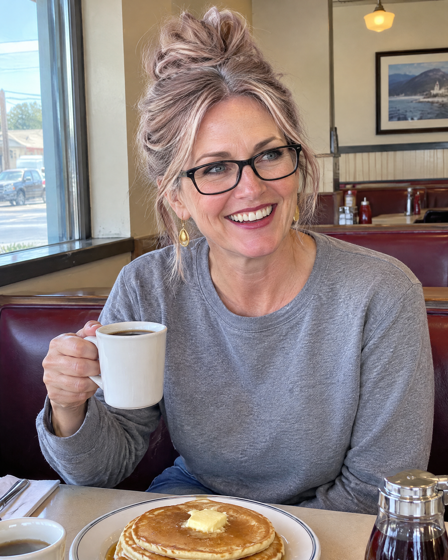 Woman wearing the JuvaBun Messy Bun in Strawberry Honey Blonde at a diner
