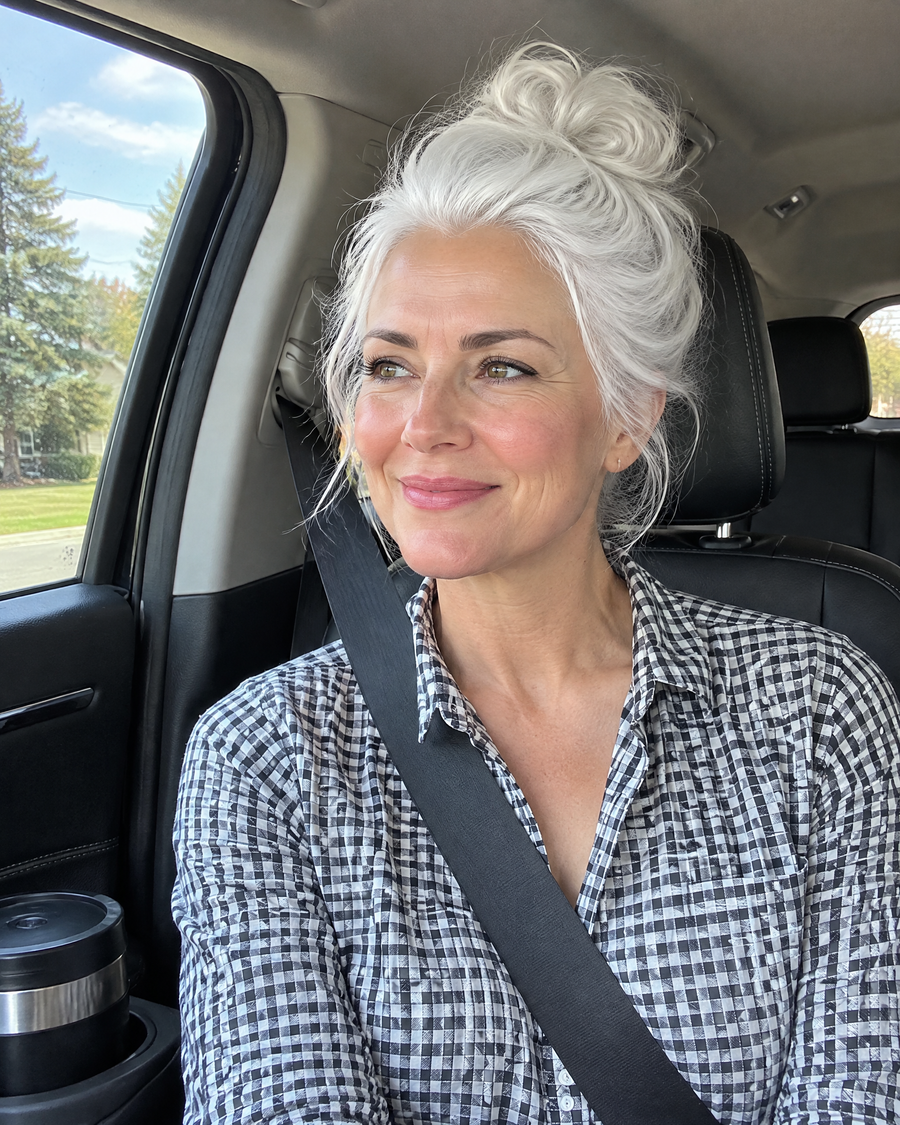 Woman wearing the JuvaBun Messy Bun in White in the car