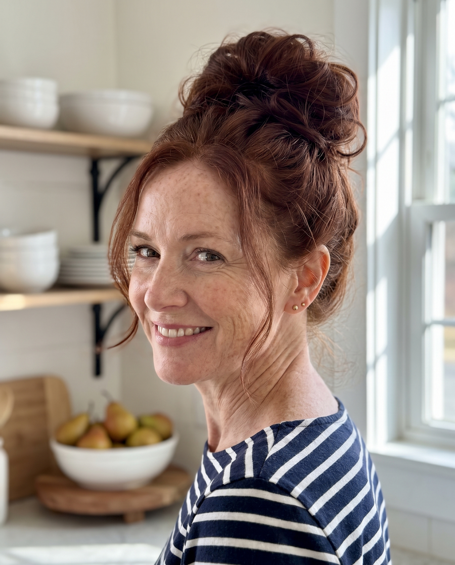 JuvaBun Messy Bun in Auburn on a woman with auburn hair, front view