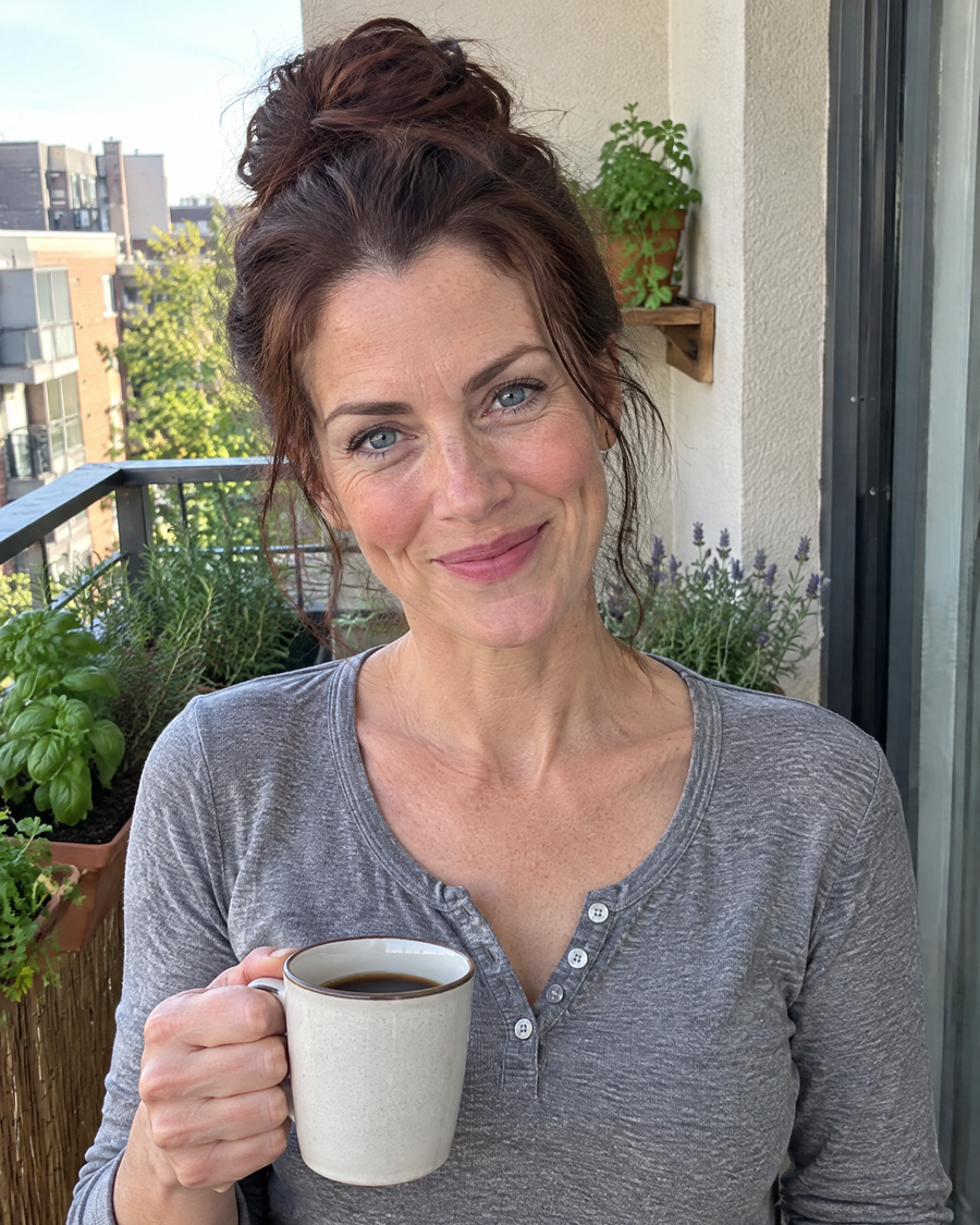 Woman wearing the JuvaBun Messy Bun in Auburn on her balcony
