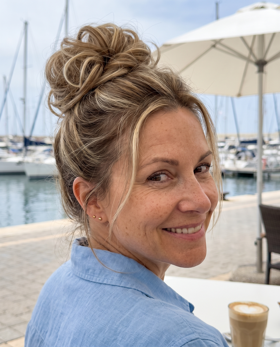 JuvaBun Messy Bun in Beach Blonde on a woman with highlighted bronde hair, front view