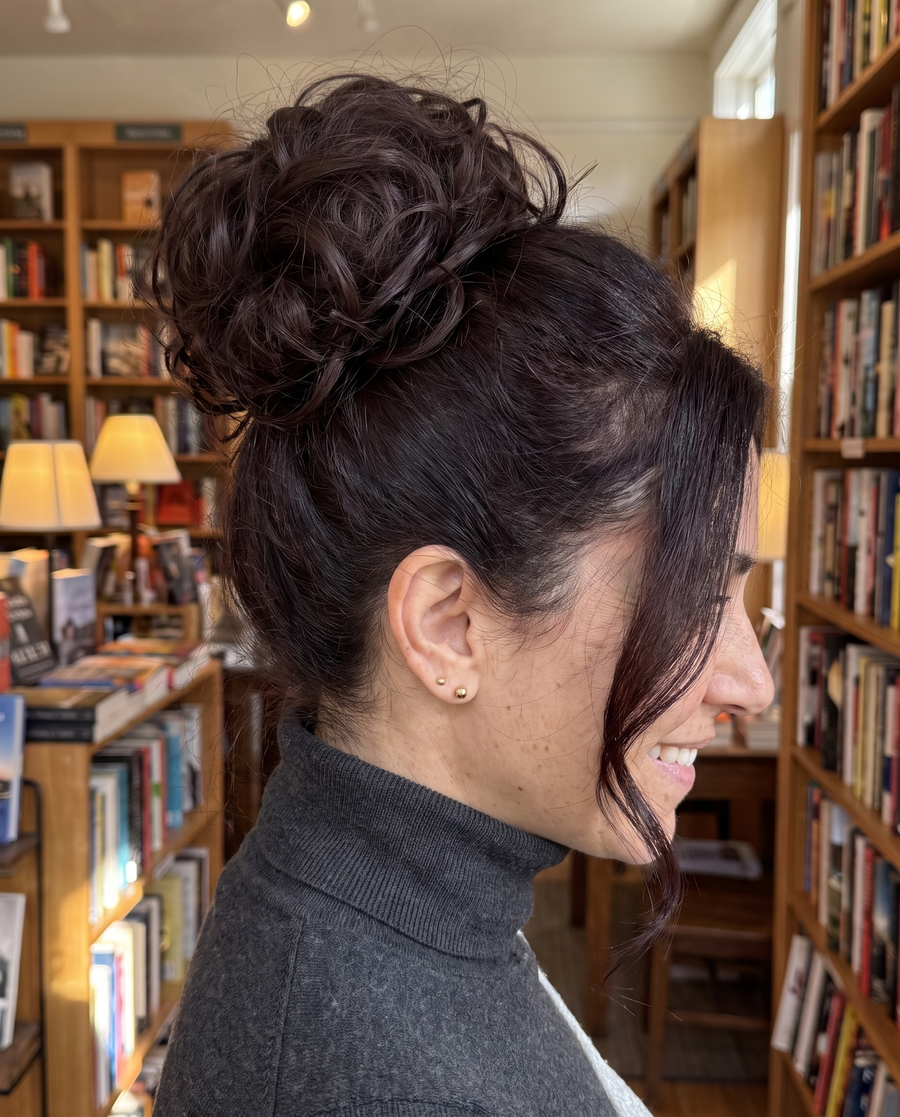JuvaBun Messy Bun in Black Cherry on a woman with dark cherry brown hair, close-up of the bun