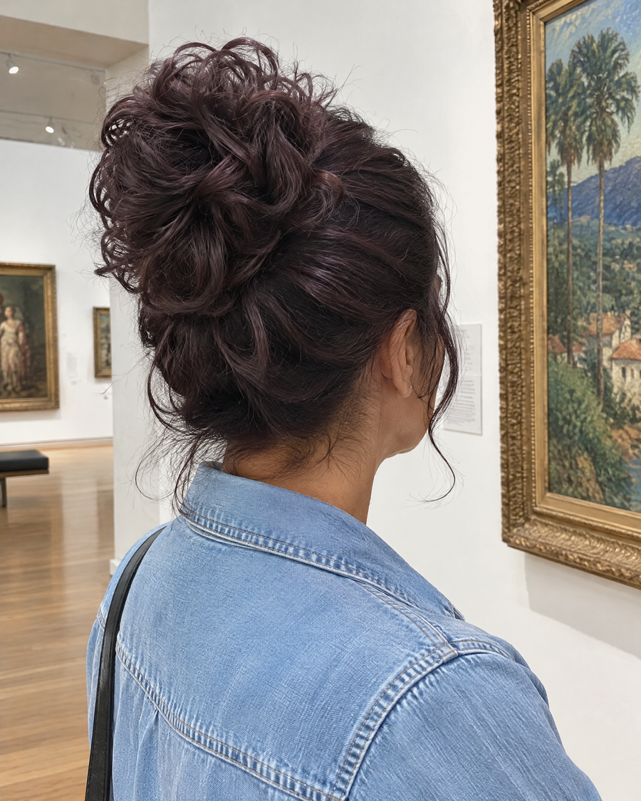 Woman wearing the JuvaBun Messy Bun in Black Cherry at a museum