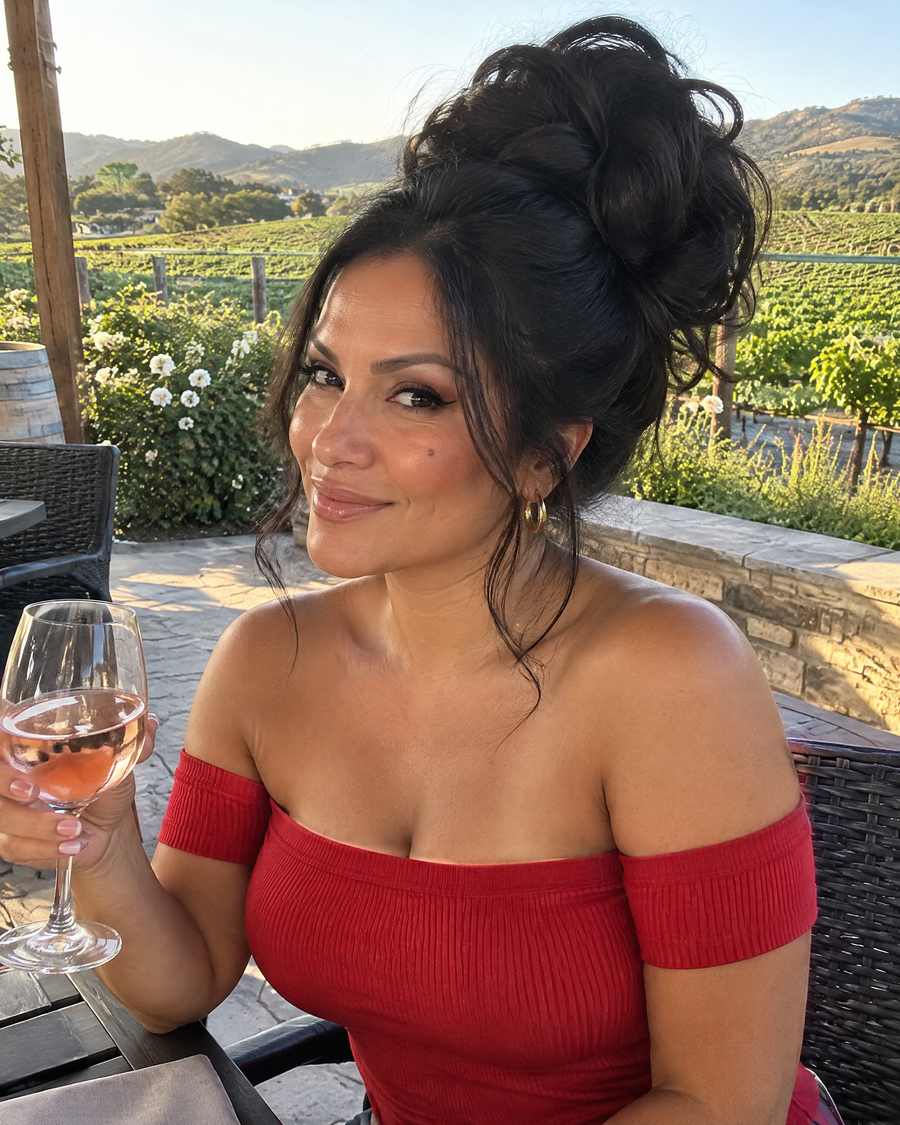 Woman wearing the JuvaBun Messy Bun in Black at a winery