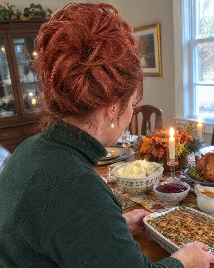 Woman wearing the JuvaBun Messy Bun in Copper Red at a holiday dinner table