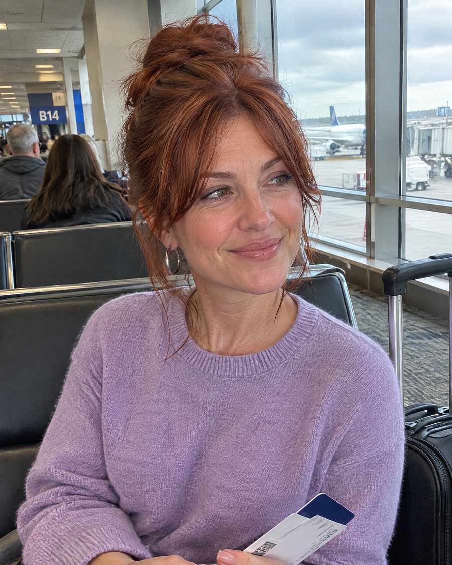 Woman wearing the JuvaBun Messy Bun in Copper Red at the airport