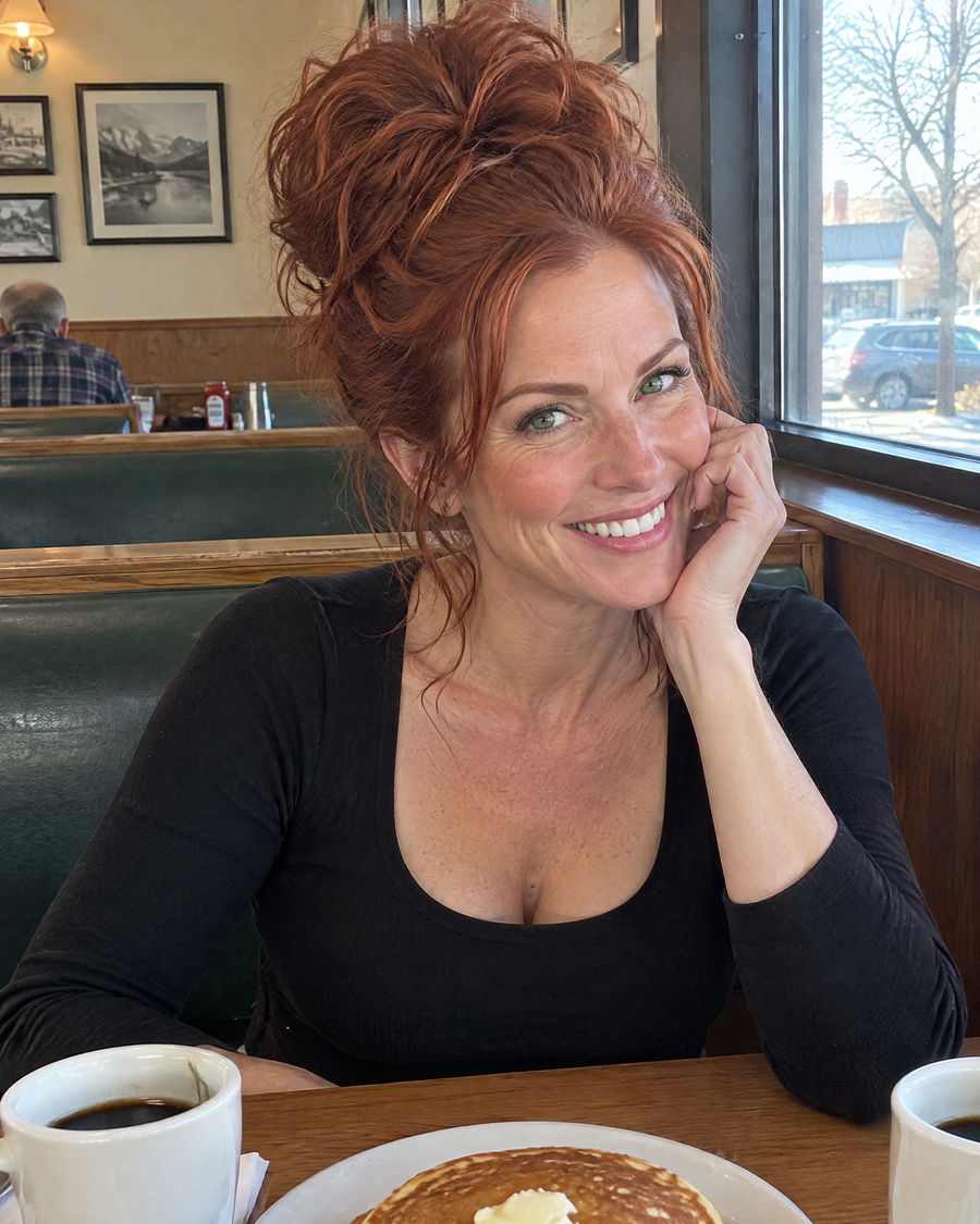 Woman wearing the JuvaBun Messy Bun in Copper Red at a diner