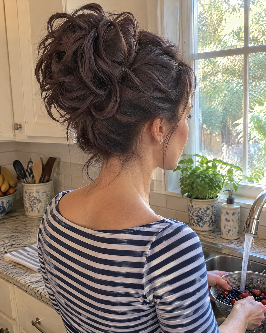 Woman wearing the JuvaBun Messy Bun in Dark Brown in her kitchen