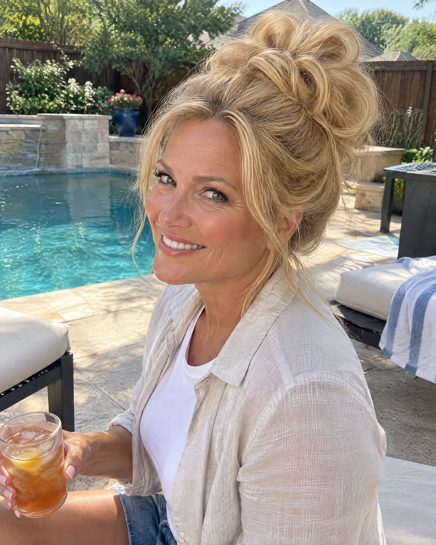 Woman wearing the JuvaBun Messy Bun in Gold by the pool
