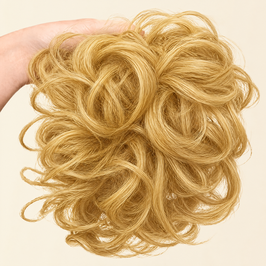 Hand holding the full JuvaBun Messy Bun in Gold