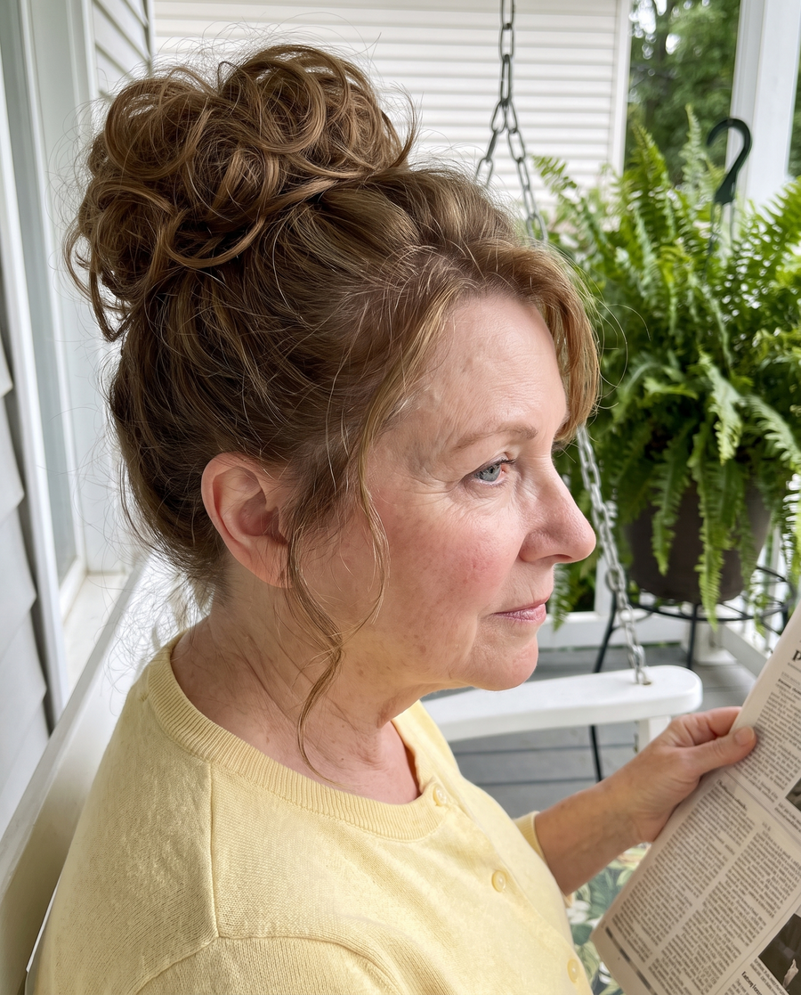Woman wearing the JuvaBun Messy Bun in Light Brown on her front porch
