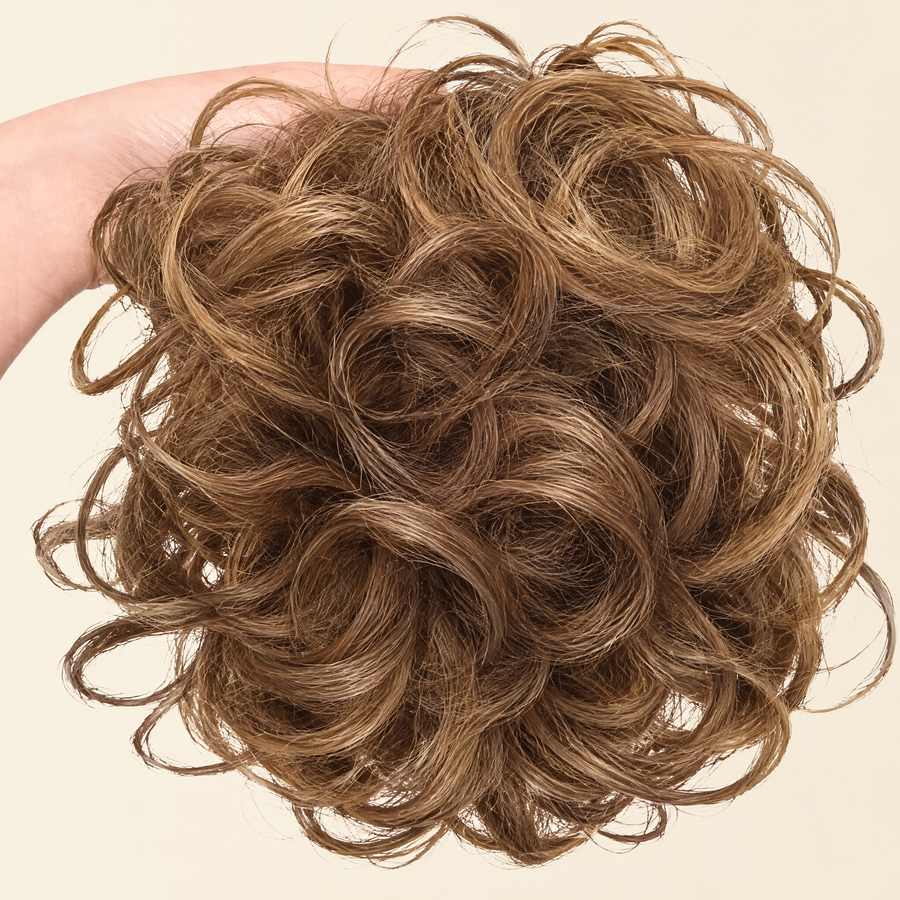 Hand holding the full JuvaBun Messy Bun in Light Brown