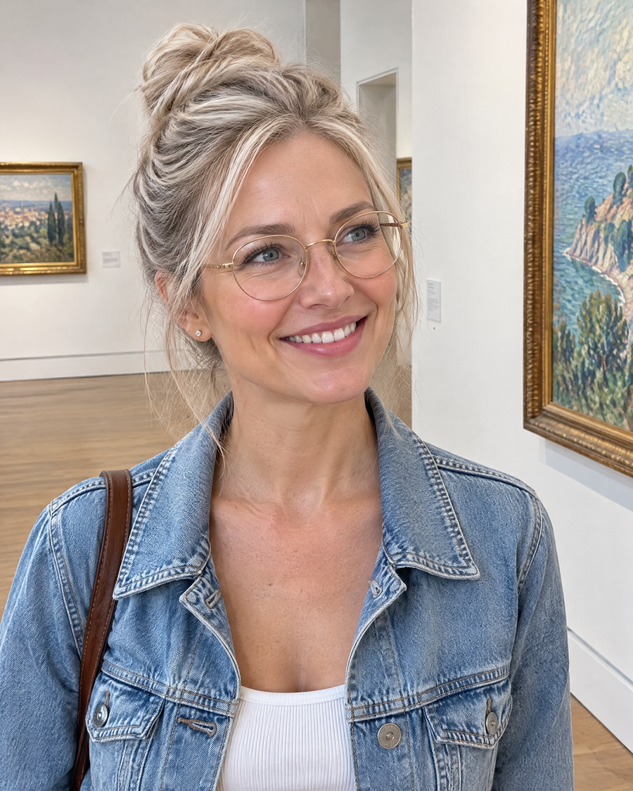 Woman wearing the JuvaBun Messy Bun in Light Brownish Blonde at a museum