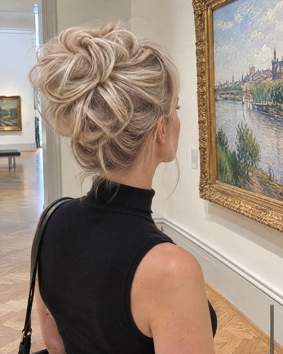 Woman wearing the JuvaBun Messy Bun in Light Brownish Blonde at a museum