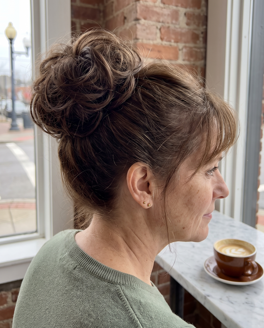 JuvaBun Messy Bun in Medium Brown on a woman with medium brown hair, back and side view