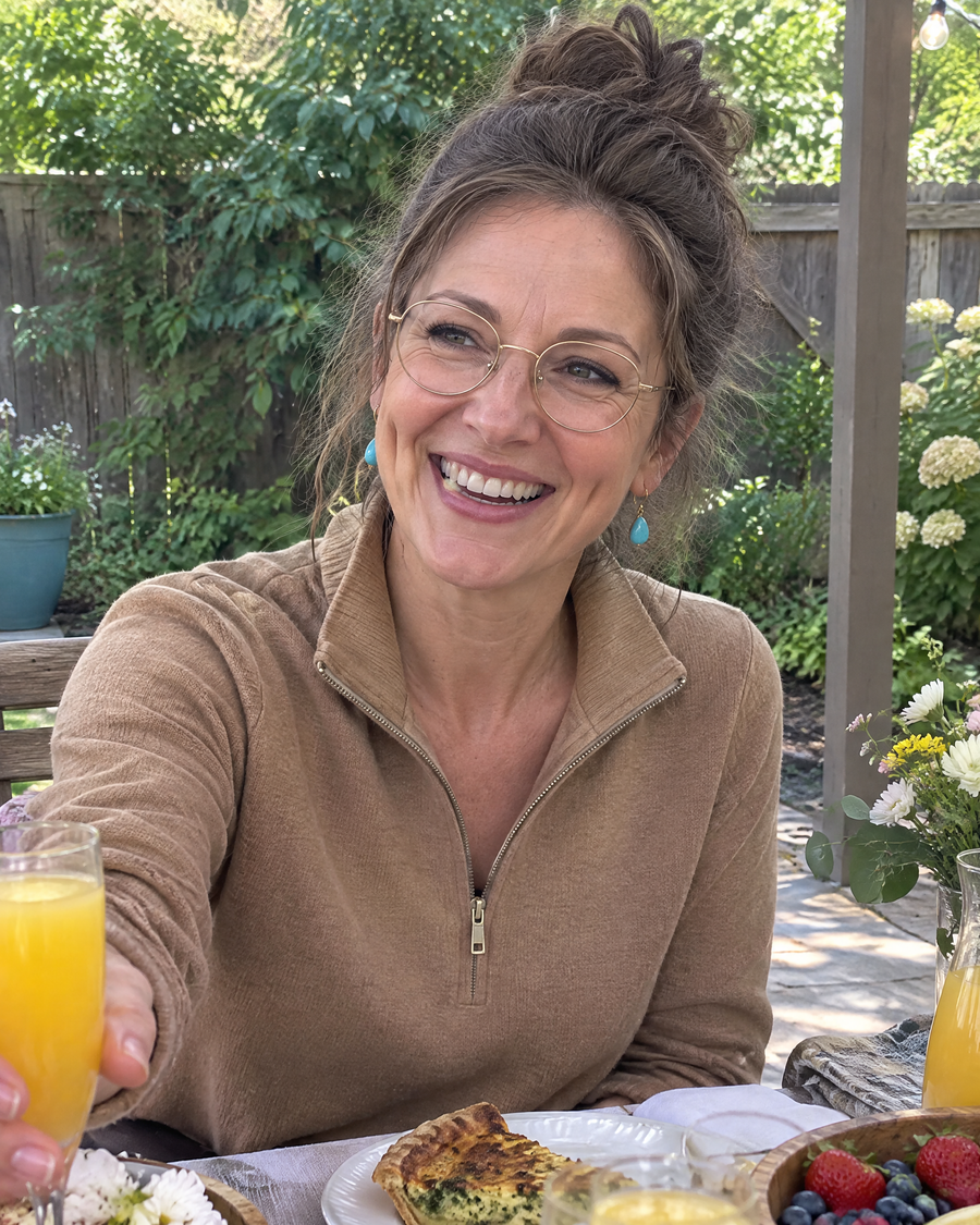 Woman wearing the JuvaBun Messy Bun in Medium Brown at a brunch