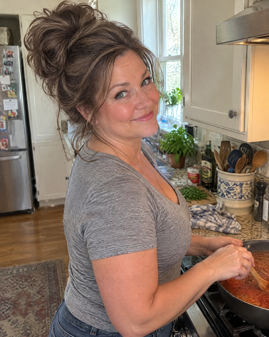 Woman wearing the JuvaBun Messy Bun in Medium Brown in her kitchen