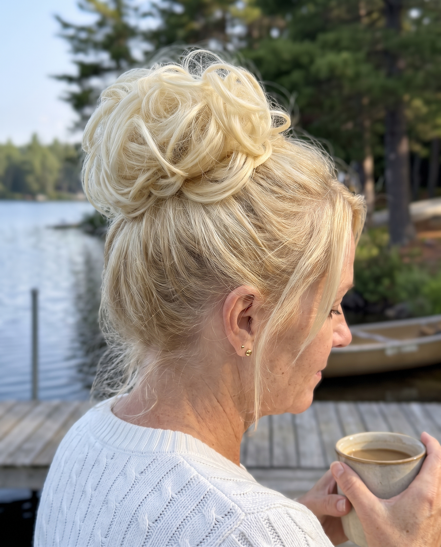 JuvaBun Messy Bun in Pure Blonde on a woman with light blonde hair, back and side view