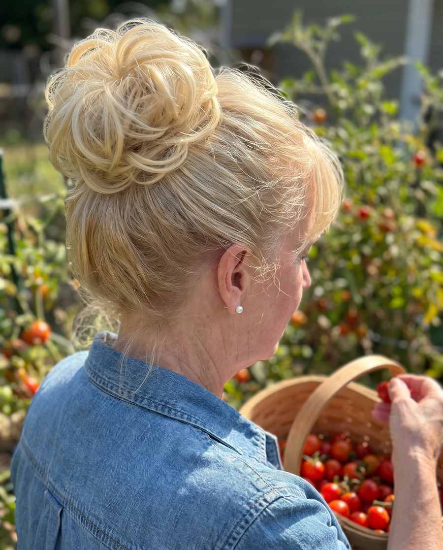 Woman wearing the JuvaBun Messy Bun in Pure Blonde in her vegetable garden