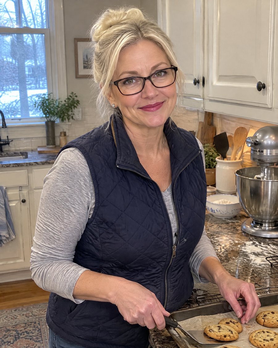 Woman wearing the JuvaBun Messy Bun in Pure Blonde while baking at home