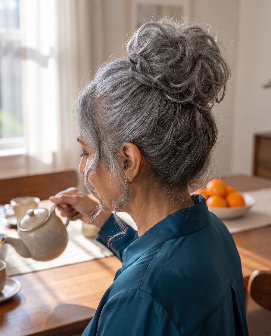 JuvaBun Messy Bun in Salt And Pepper on a woman with salt and pepper hair, back and side view