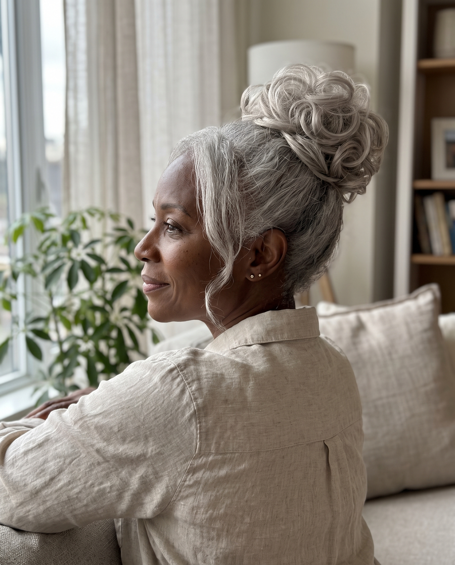 JuvaBun Messy Bun in Silver Gray on a woman with silver gray hair, back and side view
