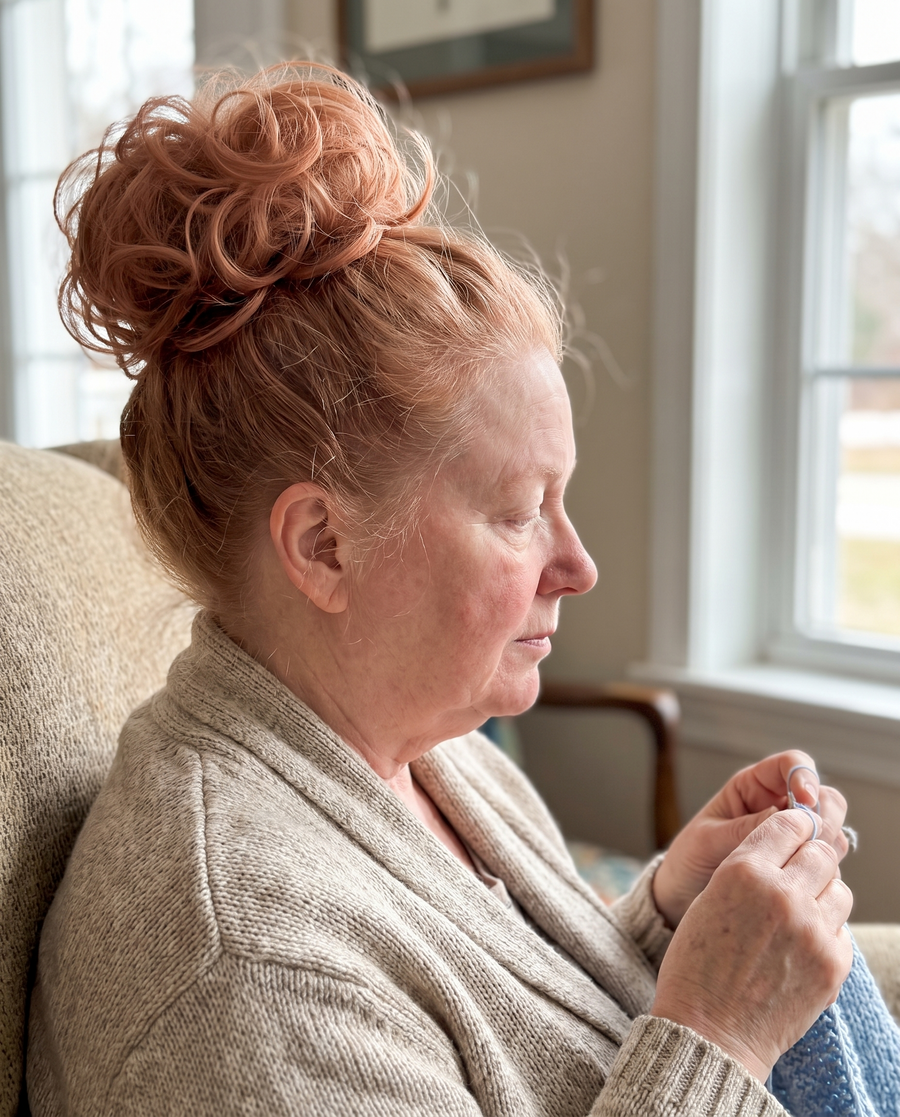 Woman wearing the JuvaBun Messy Bun in Soft Auburn knitting at home