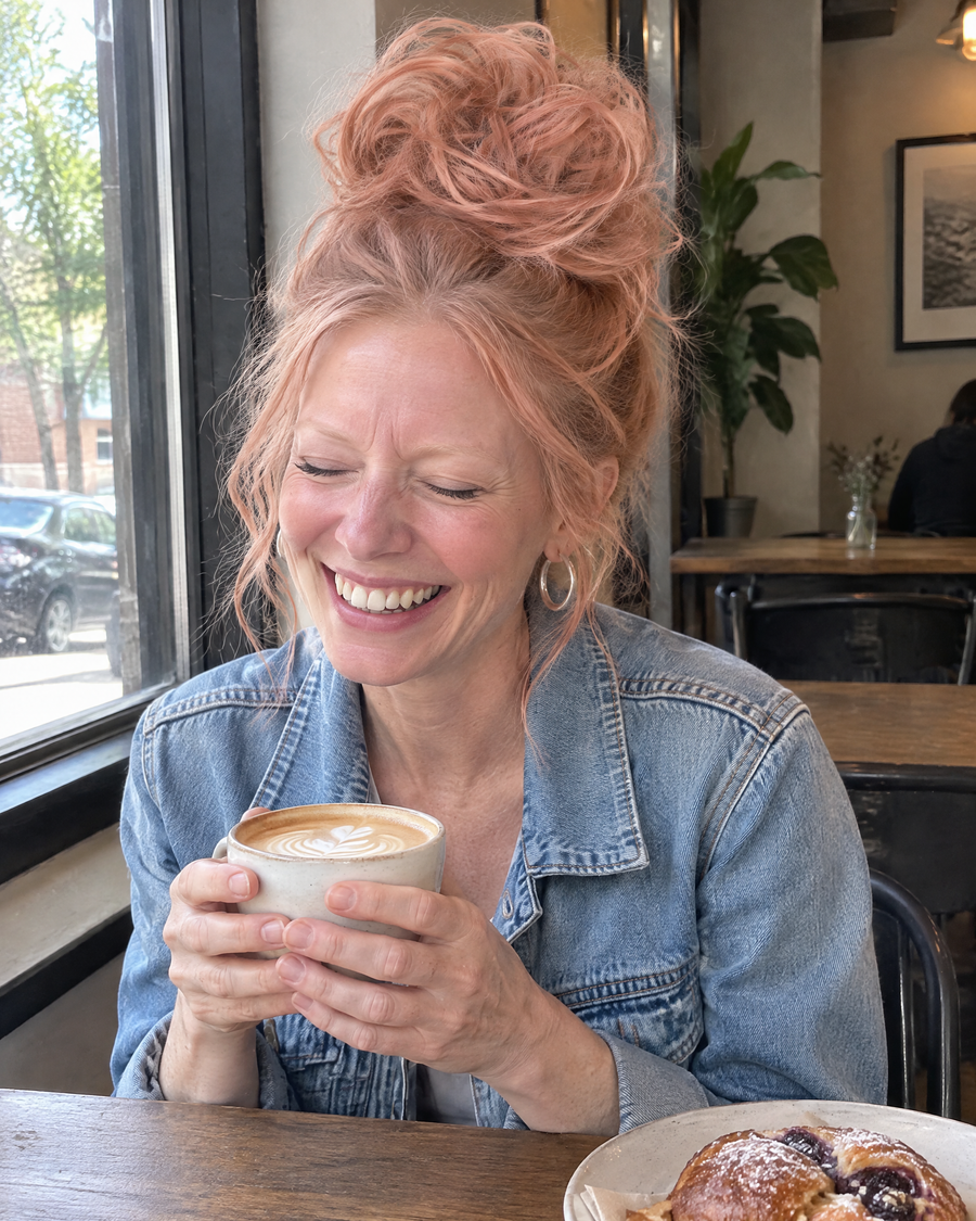 Woman wearing the JuvaBun Messy Bun in Soft Auburn at a coffee shop