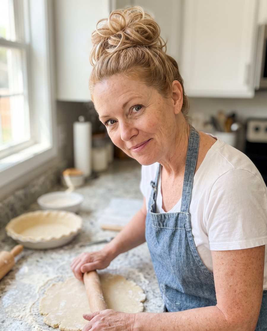 Woman wearing the JuvaBun Messy Bun in Strawberry Honey Blonde baking in her kitchen