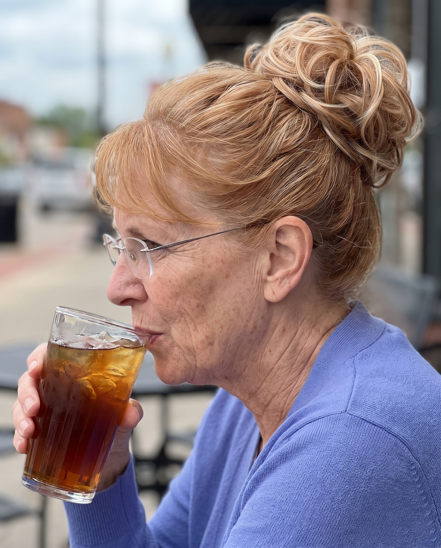 Woman wearing the JuvaBun Messy Bun in Strawberry Honey Blonde at an outdoor café